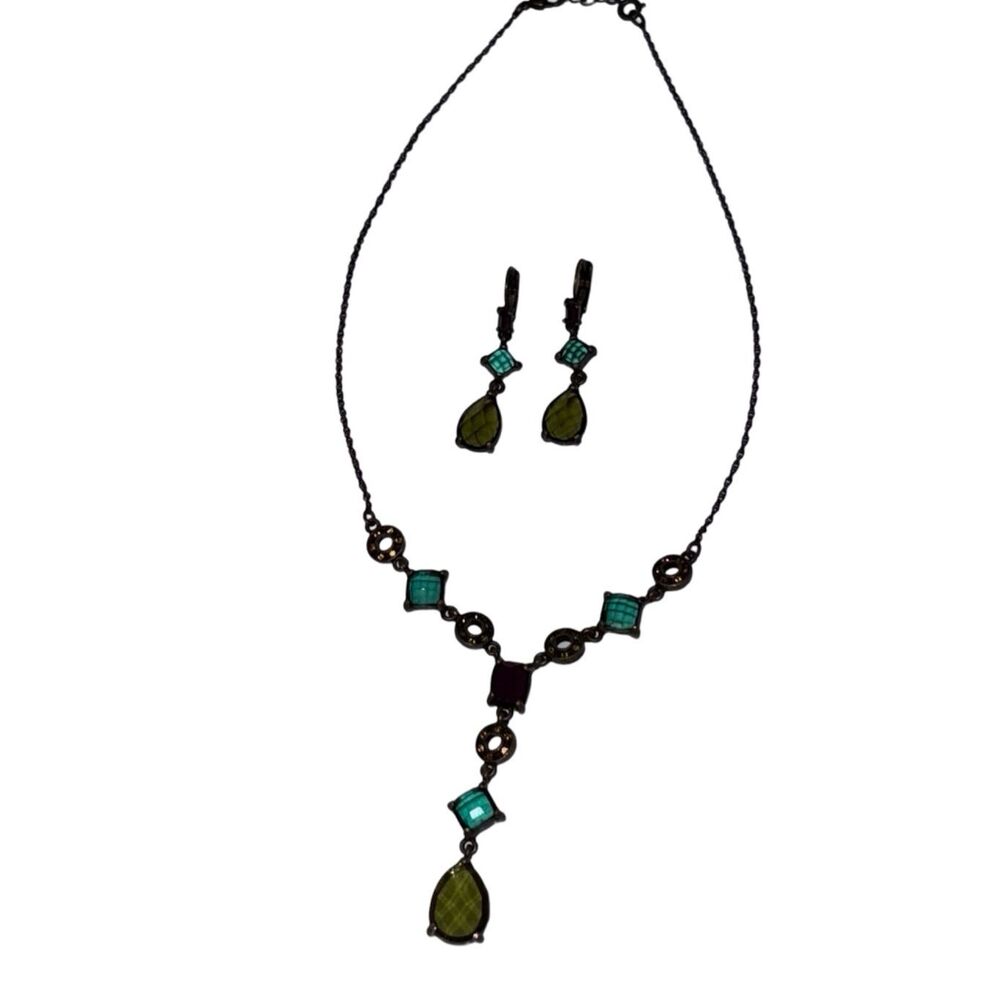 Nina Ricci Purple Green & Yellow Revival Necklace Earrings Vintage Jewelry Set